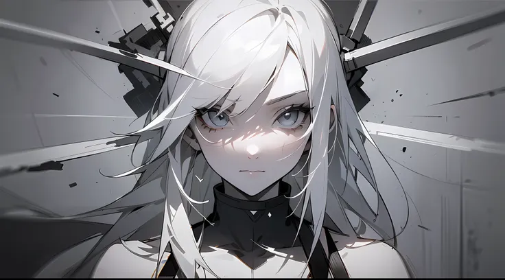 (partial mosaic, white-haired girl, knife), grayscale shade, sketch, minimalist style, monochrome background Street art