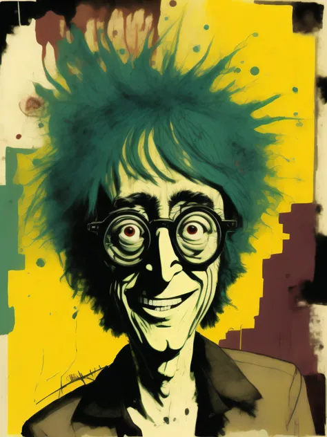 a portrait of john lennon smiling, electrifying caricature, emphasis on smile, by ralph steadman, dr. suess, jenny saville, kand...