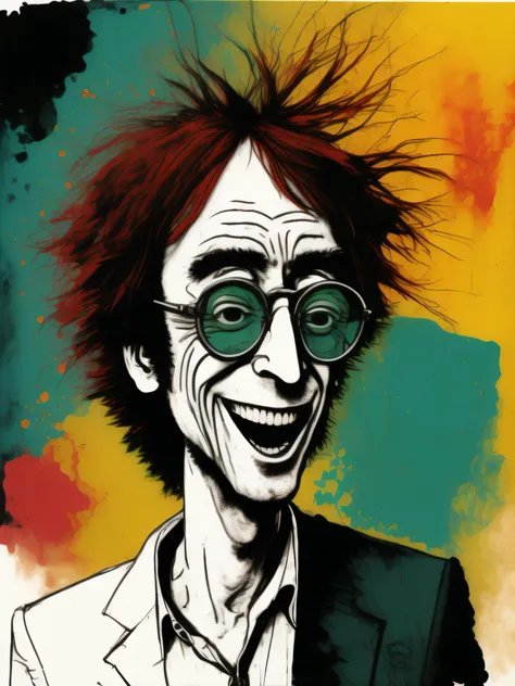 a portrait of john lennon smiling, electrifying caricature, emphasis on smile, by ralph steadman, dr. suess, jenny saville, kand...