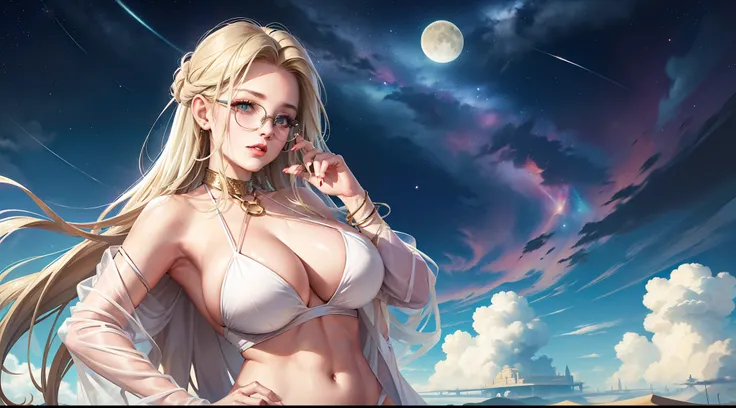 1 girl, ig model, looking far away, hand in her hair, glasses, lewd face, sexy, cleavage, blonde hair, brunette, green eyes, red lips, green collar, white bikini, white skirt, white panties, white bra, thigh highs, arm band, armpits, large breasts, wide hi...