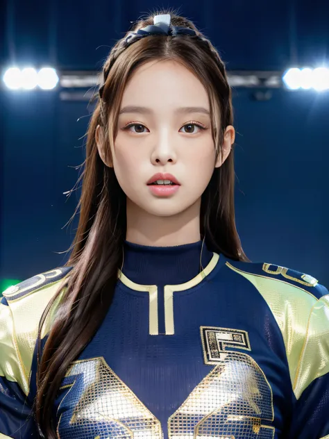 masterpiece, superlative, realistic, jennie wearing trendy football uniform, hd, photography and lighting, 16k