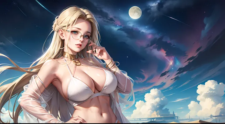 1 girl, ig model, looking far away, hand in her hair, glasses, lewd face, sexy, cleavage, blonde hair, brunette, green eyes, red lips, green collar, white bikini, white skirt, white panties, white bra, thigh highs, arm band, armpits, large breasts, wide hi...
