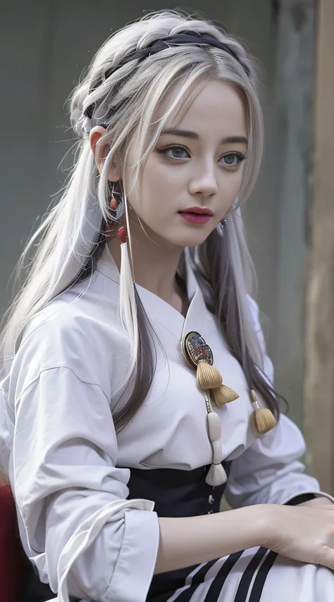 1 girl, white hair, hanfu, sitting on sofa, gray wall, close-up, (best quality: 1.4), ((masterpiece)), ((realistic)), (detailed)...