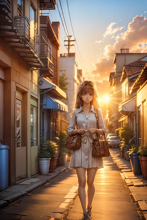 A 23-year-old girl, walking alone in an alley, coming home from get off work, wearing white office clothes, the top of her clothes is unbuttoned, looks tired and weak, her hair is a little messy, but there is a slight smile on her lips, holding a briefcase...
