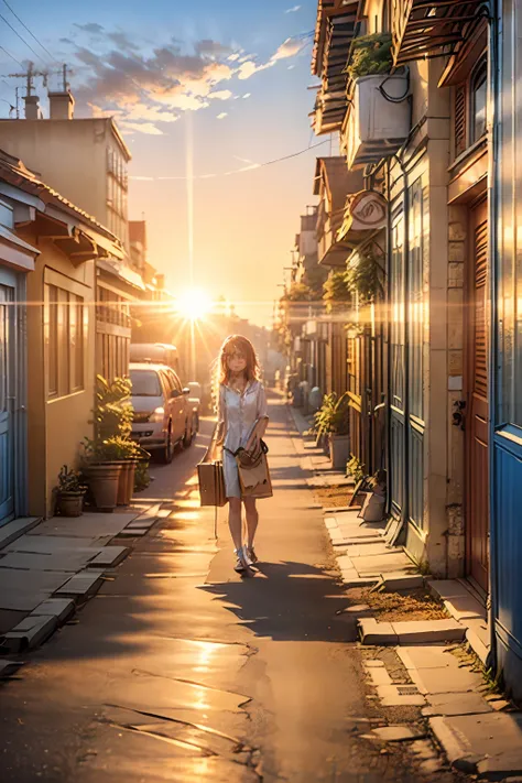 A 23-year-old girl, walking alone in an alley, coming home from get off work, wearing white office clothes, the top of her clothes is unbuttoned, looks tired and weak, her hair is a little messy, but there is a slight smile on her lips, holding a briefcase...