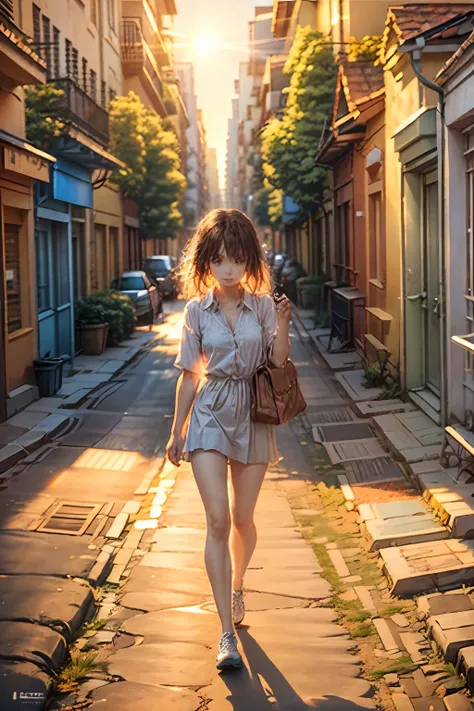 a 23-year-old girl, walking alone in an alley, coming home from get off work, wearing white office clothes, the top of her cloth...