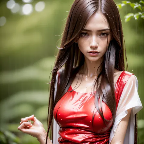 (tall woman with slender figure), (she stands in the garden in rainy weather), ((dark red very long hair)), (small head), ((deta...