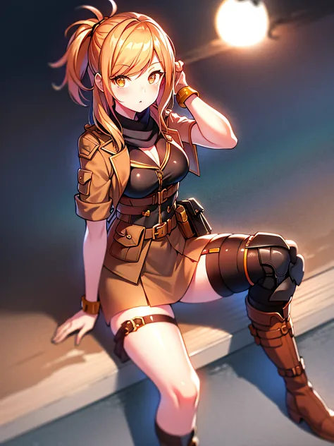 orange eyes light,richly faded light orange hair, anime 1girl, no  skirt, brown military boots, pouch on the waist belt, khaki b...