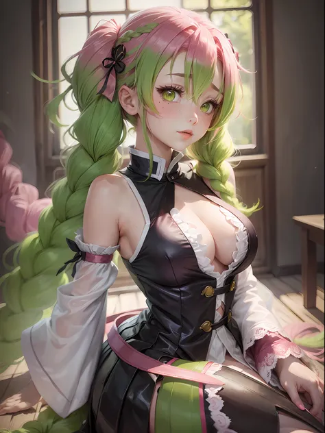 mitsuri, demon slayer, gradient hair, greenhair, pinkhair, braids, lace clothes, idol costumes