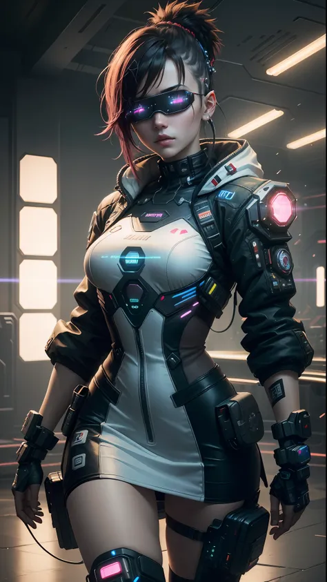 ((best quality)), ((masterpiece)), (very detailed:1.3), 3d, beautiful (cyberpunk:1.3) female hacker, mohican hairstyle, back to ...