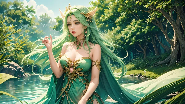 a woman in a green dress with pink wings standing in a river, a beautiful fantasy empress, anime goddess, ((a beautiful fantasy ...