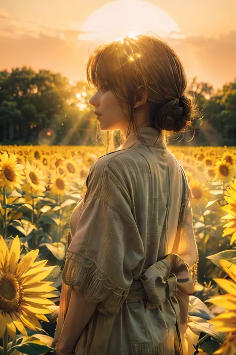 side view, a girl in a vast sunflower plantation, wearing a green blous and a thin cardigan, looks cheerful and happy, at sunset...