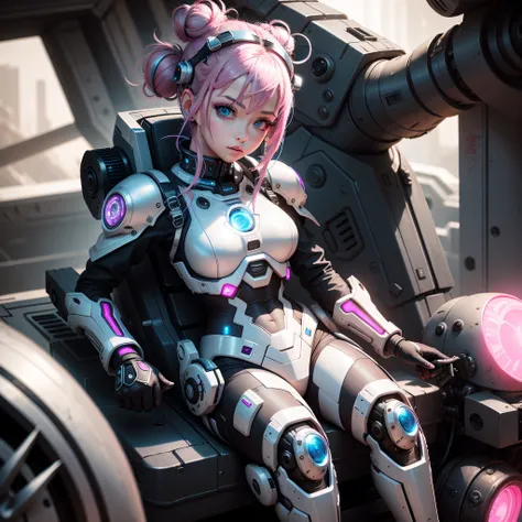 mechagirl,masterpiece,bestquality,1girl,restinginflowerfield,pinkhairmediumhairtopknot,glowingeyes,