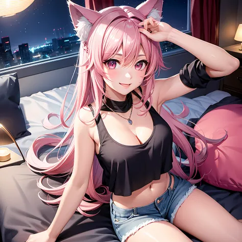 Close-up, upper body, one girl, smile, wolf ears, wolf tail, pink eyes, hair between the eyes, split color hair: 5, striped hair, long hair, hair ends jewelry, (tank top and hot pants: 15), jewels, AI super luxurious bedroom and cute interior: 5, (on bed: ...