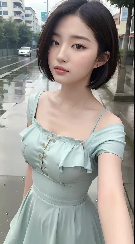 ((Best Quality, 8k, Masterpiece:1.3)), Focus:1.2, Perfect Body Beauty:1.4, Buttocks:1.2, (Normal Bust:1.2)), (Rain, Street:1.3), Bandeau Dress:1.1, Highly detailed face and skin texture, Fine eyes, Double eyelids, whitening skin, short hair, (Shut up: 1.3)...