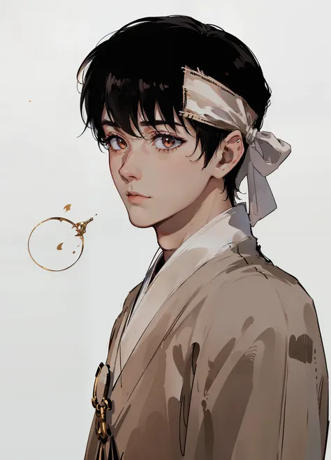 (((1boy))), ((toned)), male focus, masterpiece, high quality, (masterpiece:1.2), (best quality:1.2), shiny, realistic, ornate, intricate skin, bandana on white head, ((black hair)), (short hair), brown eyes, bangs, hair between eyes, hair_stick, fox_boy, j...