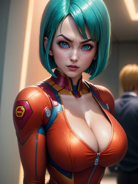 portrait closeup lone (buruma_brief_older Buruma_DBZ_Cell)1.4, (cleavage large_breasts, stylish bob haircut)1.2  (dressed as IronMan), standing, front view, (high detailed skin:1.2)(realistic pupils,realistic iris:1), 8k uhd, aqua_hair