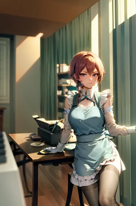 Anime - Style woman in blue dress sitting at desk, typewriter, gorgeous maid, anime girl in maid costume, exquisite details. girl front, maid outfit, rin, maid, best anime 4k konachan wallpaper, sayori, seductive anime girls, from girl front, smooth anime ...