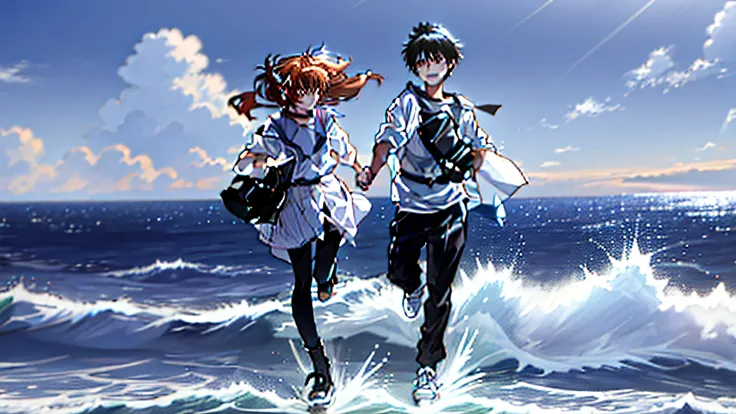 A pair of boyfriends and girlfriends running by the sea holding hands in the background, red sea and white sky in the background, Yoshiyuki Sadamoto, Mai Yoneyama Art, Evangelion, Shinji Ikari, Asuka
