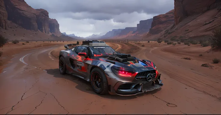rage2vehicle_v2, vehicle, Forza Horizon supercar, (dynamic lighting), rtx, (street lighting), ((Maximum photorealistic)), (((car in front of the viewer))), (white Mercedes body))), ((ultra detailed ground after rain))) , tire marks in the mud, (( realistic...
