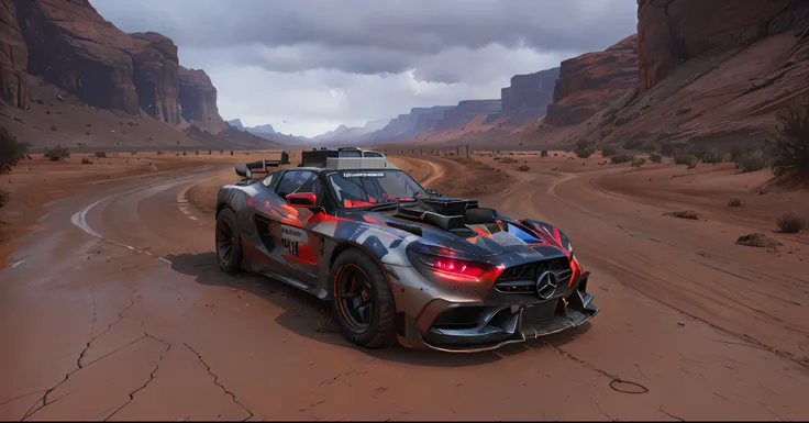 rage2vehicle_v2, vehicle, Forza Horizon supercar, (dynamic lighting), rtx, (street lighting), ((Maximum photorealistic)), (((car in front of the viewer))), (white Mercedes body))), ((ultra detailed ground after rain))) , tire marks in the mud, (( realistic...