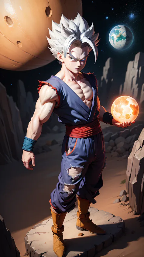 masterpiece, best quality, ultra-detailed, adult gohan 1boy, solo, full body, evil smile, grey hair, spiked hair, red eyes, doug...