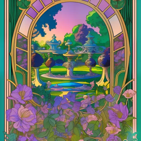 an enchanted garden, inspired by t-shirt design, with 32k quality, with art nouveau style, made with pastel colors, captured by ...