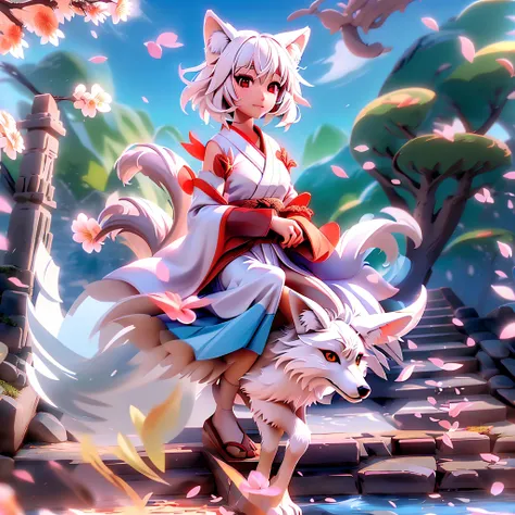 riding on a fox, fox girl, short hair, white hair, wolf ears, red eyes, detached long sleeves, white kimono, pleated miniskirt, ...