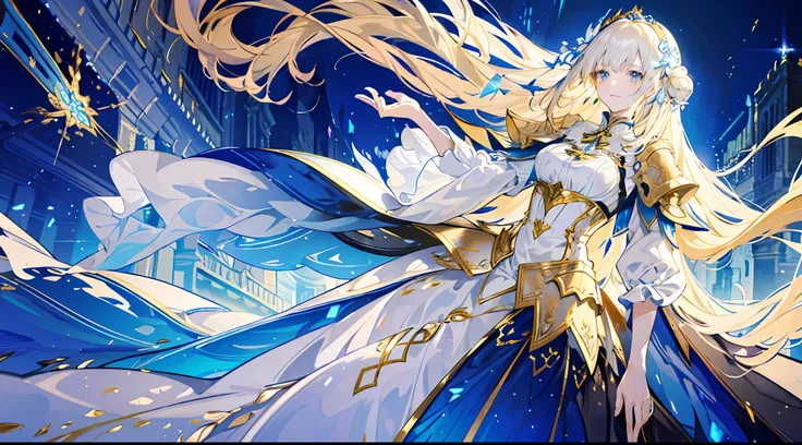 Super detail, masterpiece, a woman, beautiful, otherworldly, tall, elegant, long blonde hair, princess outfit, gold and silver decorations, armor, white and blue long dress, light surrounding, streamer, magic, extreme detail, 8k