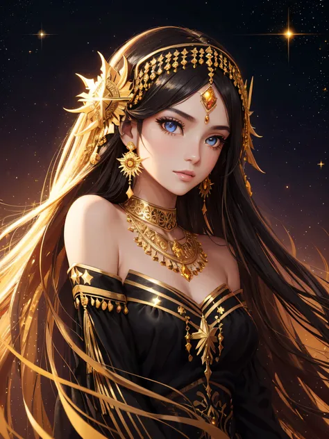 ((half body photo)), facial close-up of a girl, long hair, gold headdress, gold earrings, gold streamers, off shoulder, (black d...