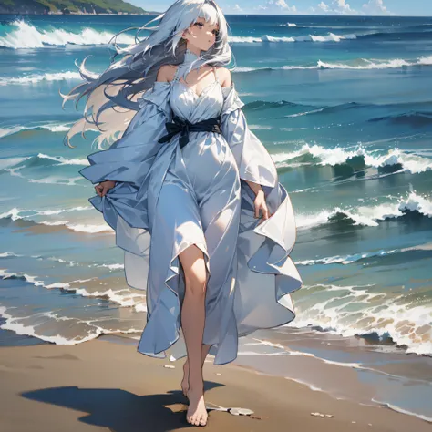 A beautiful woman dressed very coolly, standing by the sea, her silver-white hair blown by the breeze, she walked barefoot on the beach