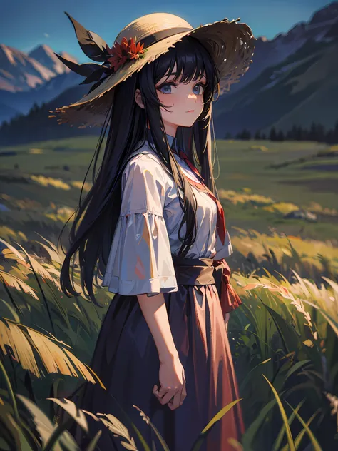 an oil painting of a feminine person in a field, standing near tall grass, 1girl, hat, solo, long hair