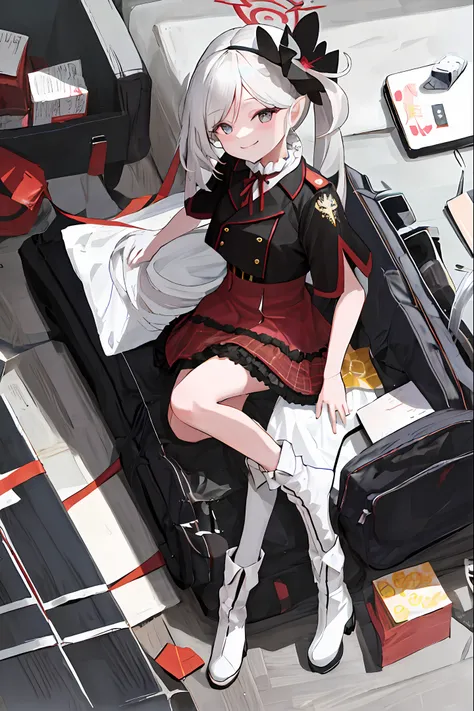 Highest quality, HD, single, girly, white long hair, white shirt, black silk, white high heeled boots, black berets