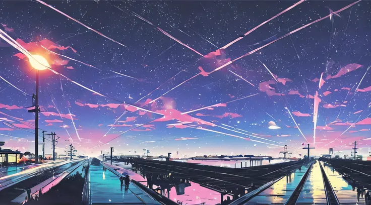 high quality masterpiece, landscape, anime train passing through bodies of water on tracks, bright starry sky. romantic train, p...