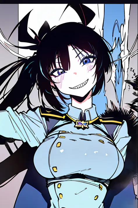 masterpiece,  1girl,   smile, close-up, upper body, (monochrome:0.8), blue taint, sharp teeth, black hair. ponytail. black eyes....