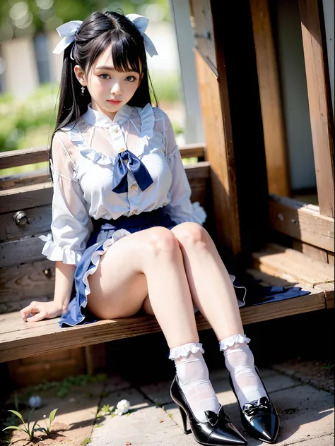 one adult woman in japan with pale lighting, white blouse, ribbon tie, dark blue long skirt, ((white silk ankle-length socks))),...