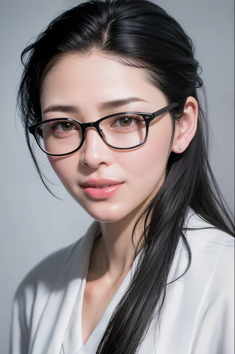 portrait of an award-winning photo of adr_dixim, black hair, wearing large glasses, wearing a white business suit, office backgr...