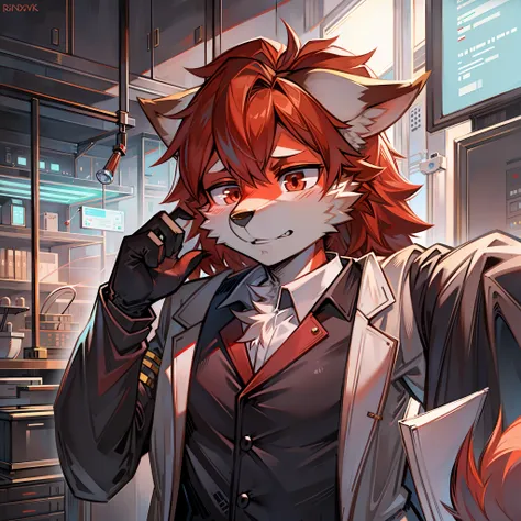 furry red wolf wearing a scientist's uniform in a lab.