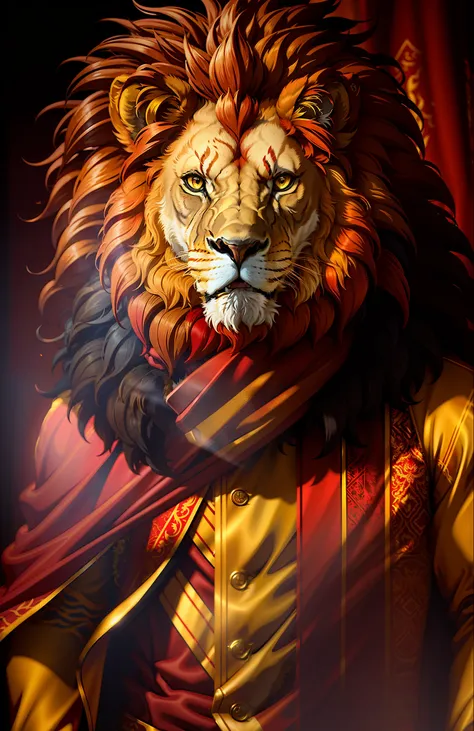 ((a lion in red and yellow clothes)),，full shot，fluffy hair, anthropomorphic expressions, rich colors, exquisite details, master...