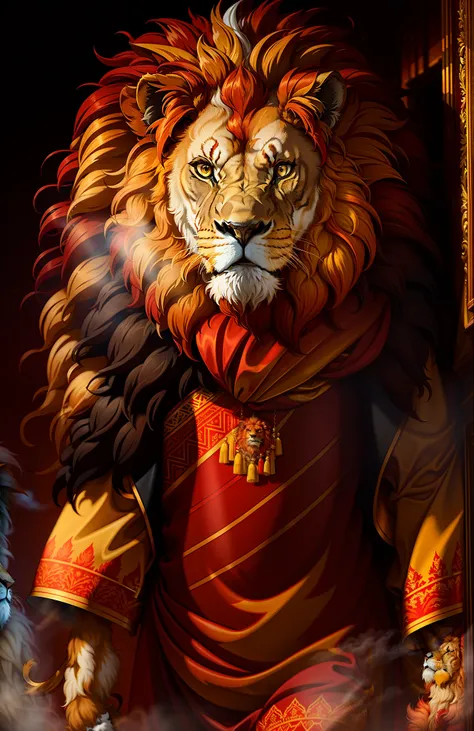 ((a lion in red and yellow clothes)),，full shot，fluffy hair, anthropomorphic expressions, rich colors, exquisite details, master...