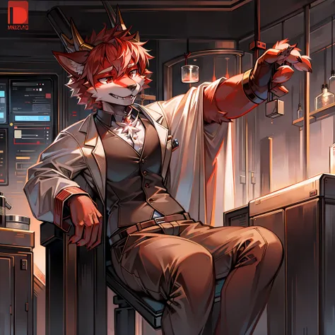 furry red wolf dressed as a scientist in a laboratory with 4 dragon horns.