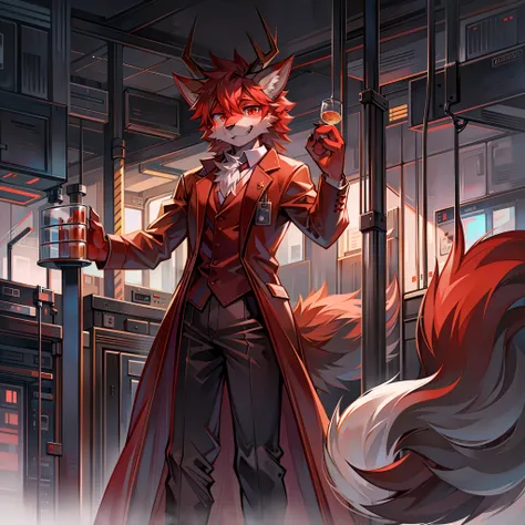 furry red wolf dressed as a scientist in a laboratory with 4 dragon horns.