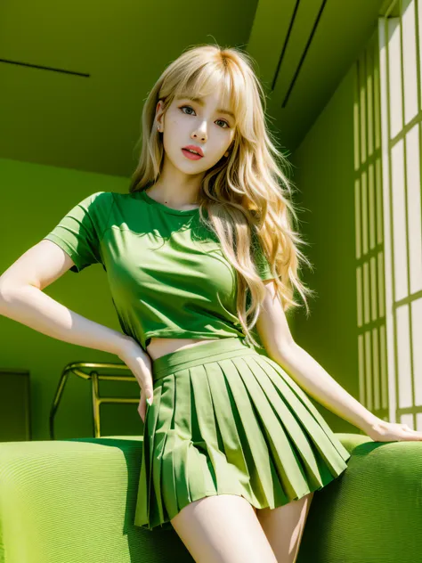 lisa light yellow long hair, lisa face shape, wearing green t-shirt, open waist, pleated skirt, long legs, masterpiece, excellen...