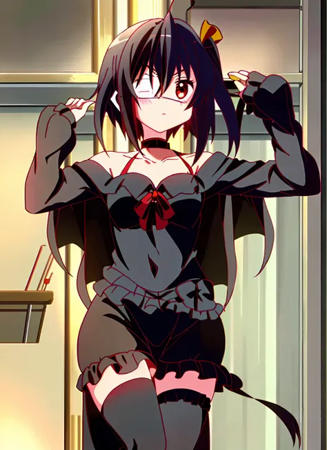 chuunibyou demo koi ga shitai masterpiece, best quality, megumin, 1girl, bare shoulders, black cape, black gloves, black hair, c...