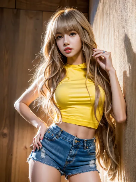Lisa light yellow long hair, Lisa face shape, wearing a tight white T-shirt, open waist, light blue denim shorts, long legs, masterpiece, superlative, realistic, HD, photography lighting, 16k