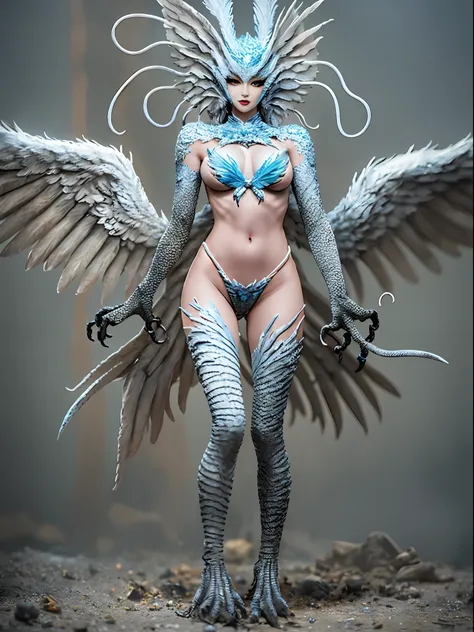 1girl,Standing birdfoot,  (anthropomorphic, beauty, sirene, fang, white feathers), ( full body), 8k, (original), cg, skin scales, fracture, masterpiece, realistic photo, original photo, sfw, dirty (0.8), (blood: 0.7), (super detailed), sharply focused, pas...