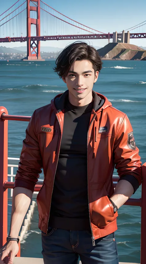 handsome muscular young man at the Golden Gate Bridge in San Francisco, The Golden Gate Bridge is a majestic suspension bridge with iconic reddish-orange towers and sweeping cables that span across the Golden Gate Strait in San Francisco, bright blue sky i...