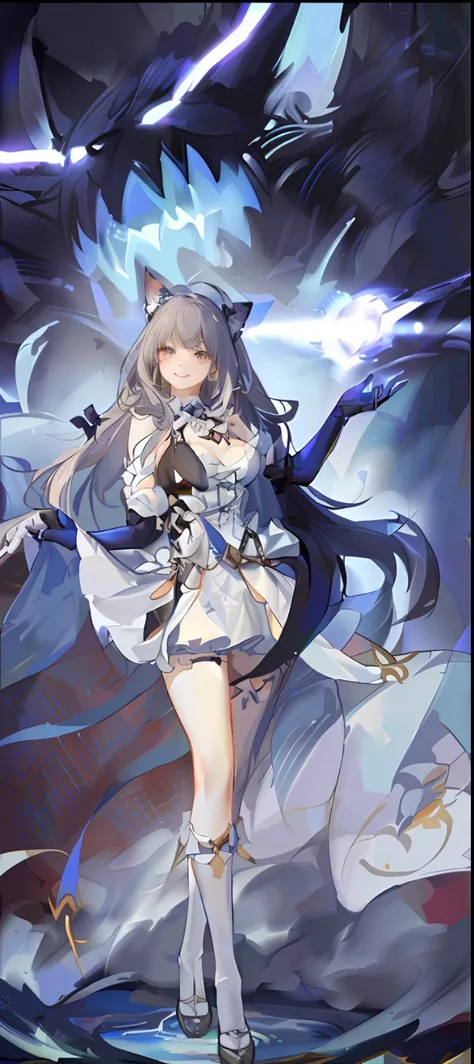 Girl, cat-eared maid, delicate face, dress, graceful gesture, fine details, shining eyes, gentle smile.