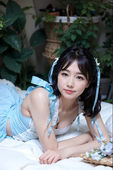 there is a woman laying on a bed with a basket of flowers, taken with canon eos 5 d mark iv, captured on canon eos r 6, xintong chen, sha xi, taken with canon 8 0 d, wenfei ye, taken with canon 5d mk4, chengyou liu, taken with canon eos 5 d, pale blue