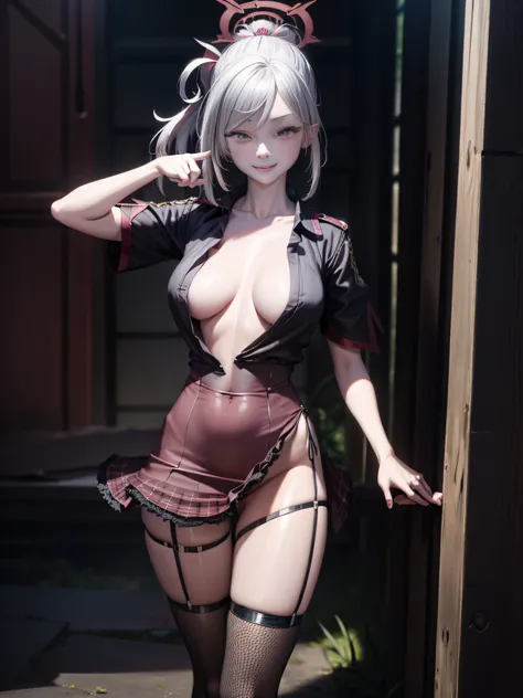 Masterpiece, high definition, high quality, detailed face, detailed body rendering, 1girl, solo, showing delicate and slender body and graceful curves, correct limbs, lifting skirt to reveal panties, a woman with very large breasts, small room, breast enla...